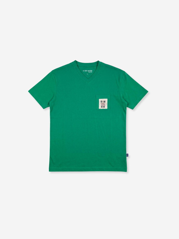 T-shirt col V avec poche poitrine et écusson - Vert