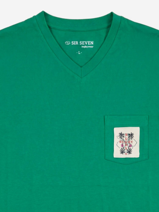 T-shirt col V avec poche poitrine et écusson - Vert