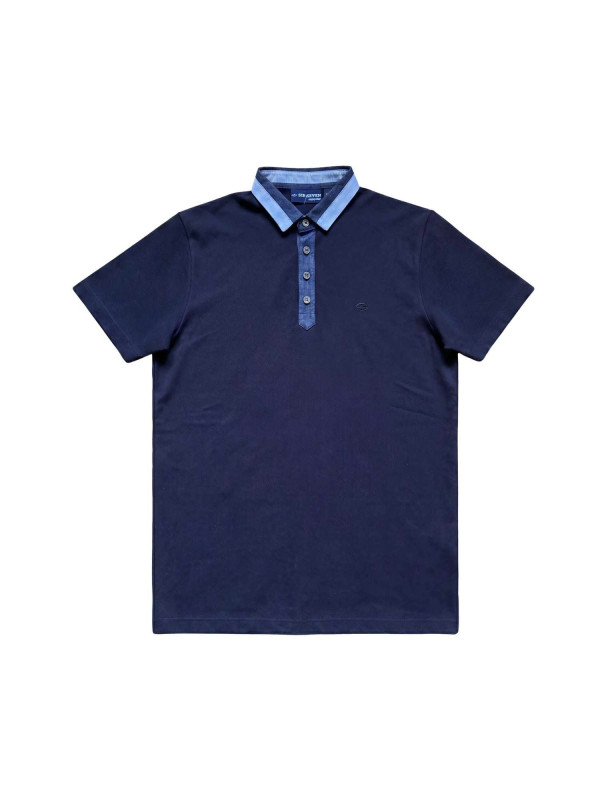 Polo manches courtes à col contrasté en chambray - Bleu marine