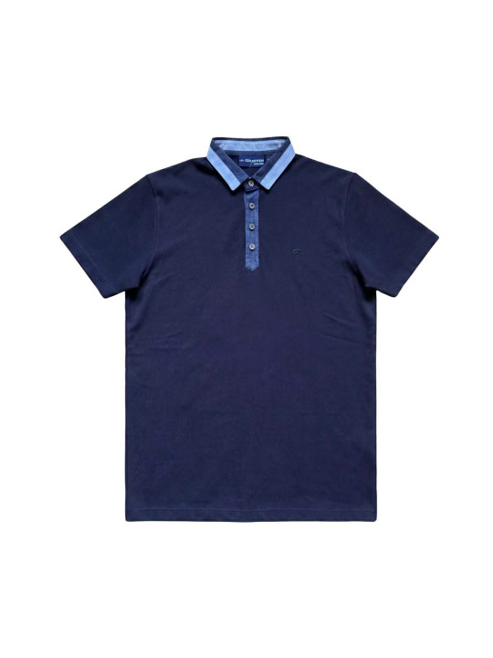 Polo manches courtes à col contrasté en chambray - Bleu marine