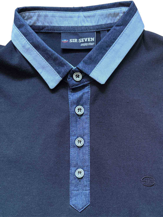 Polo manches courtes à col contrasté en chambray - Bleu marine