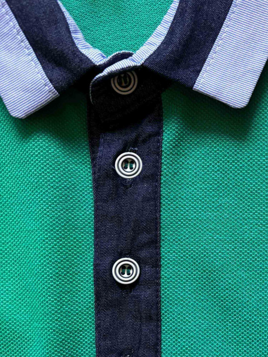 Polo manches courtes à col contrasté en chambray - Vert