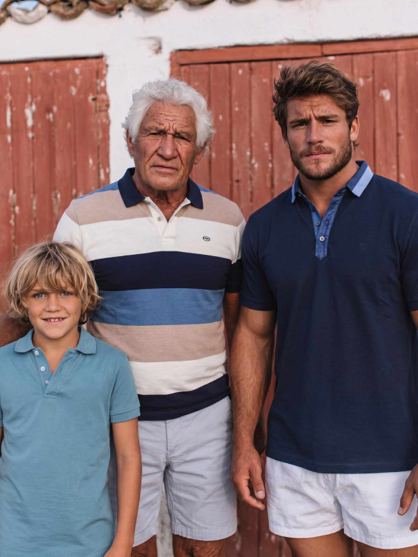 Polo manches courtes à col contrasté en chambray - Bleu marine