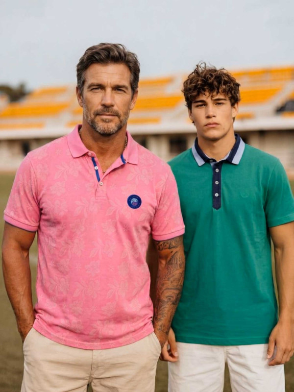 Polo manches courtes à col contrasté en chambray - Vert