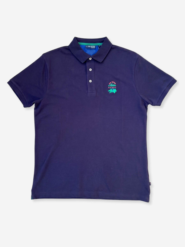 Polo brodé Aloha avec finitions contrastées & motif hibiscus – Bleu marine