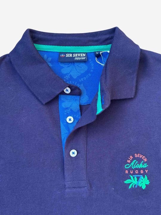 Polo brodé Aloha avec finitions contrastées & motif hibiscus – Bleu marine