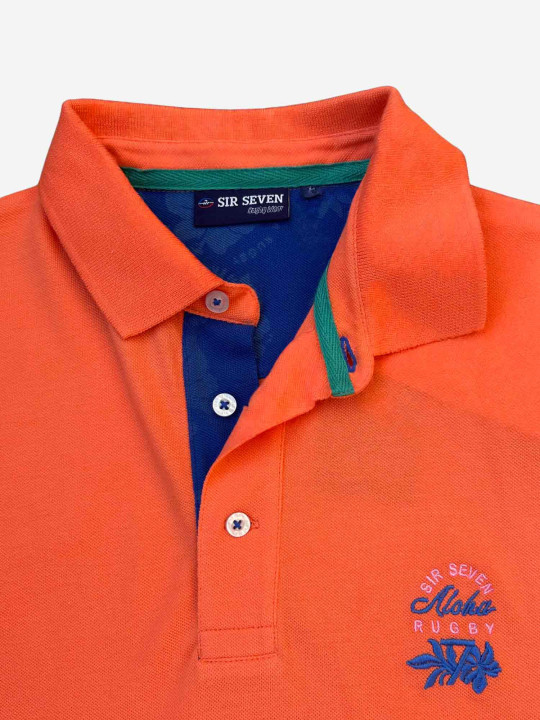 Polo brodé Aloha avec des finitions contrastées & motif hibiscus – Orange