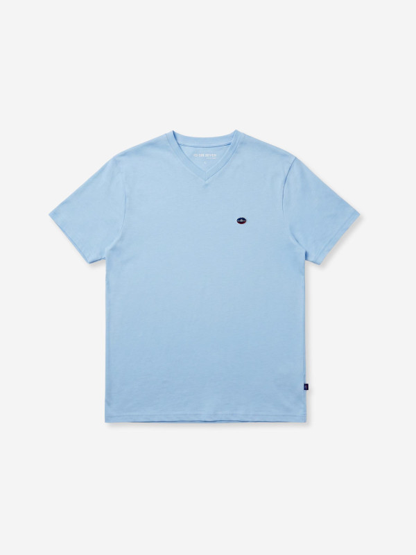 T-shirt col V brodé manches courtes - Bleu ciel