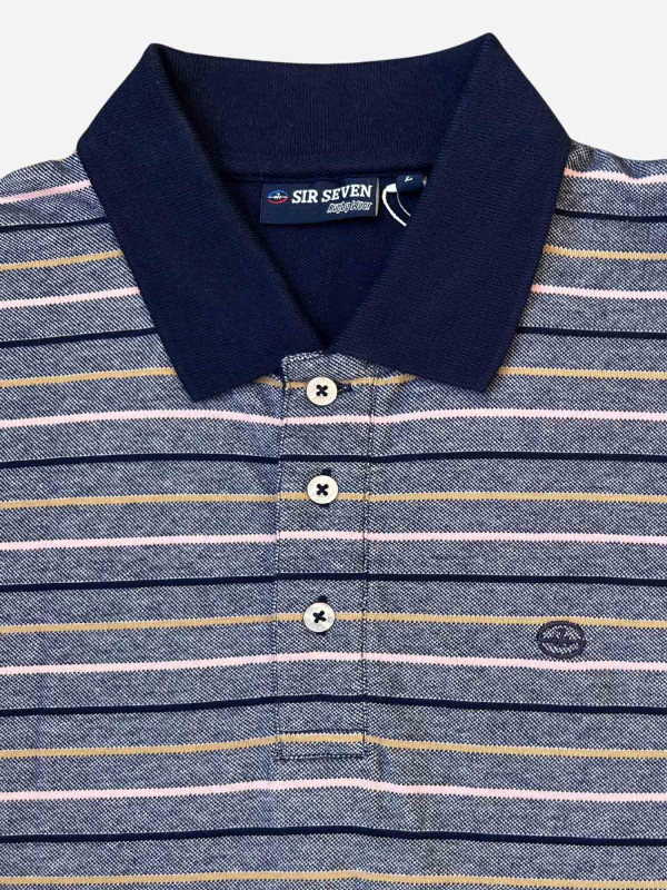 Polo en maille piquée bicolore et à rayures jacquard – Bleu & rose