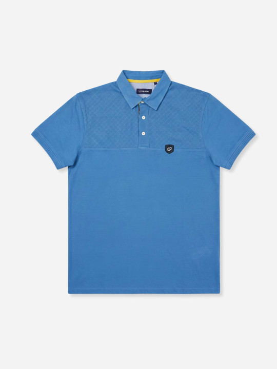 Polo grandes tailles à empiècements effet damassé et motif tropical – Bleu azur
