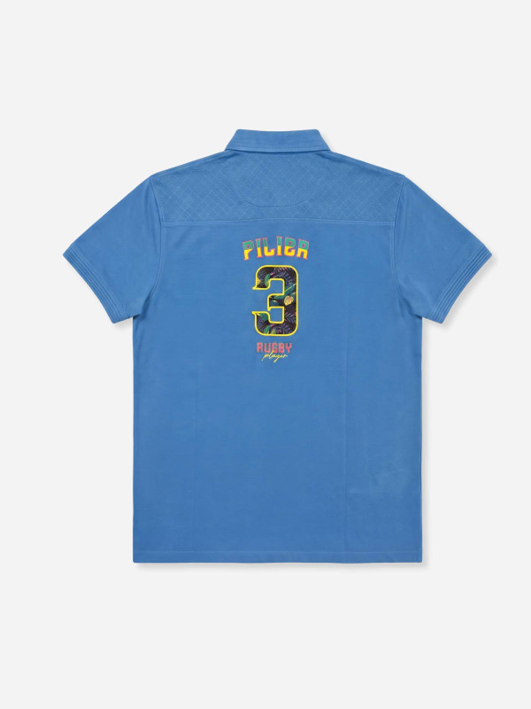 Polo grandes tailles à empiècements effet damassé et motif tropical – Bleu azur