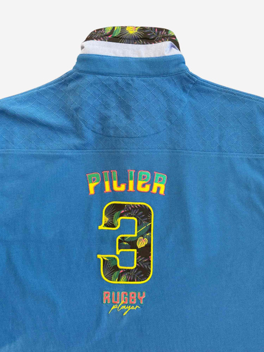Polo grandes tailles à empiècements effet damassé et motif tropical – Bleu azur