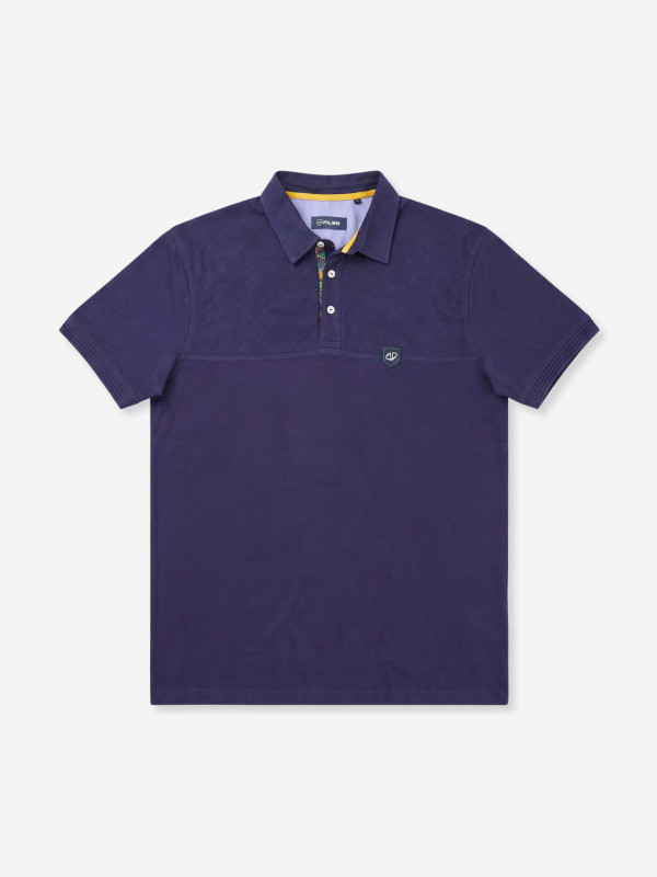 Polo grandes tailles à empiècements effet damassé et motif tropical – Bleu marine