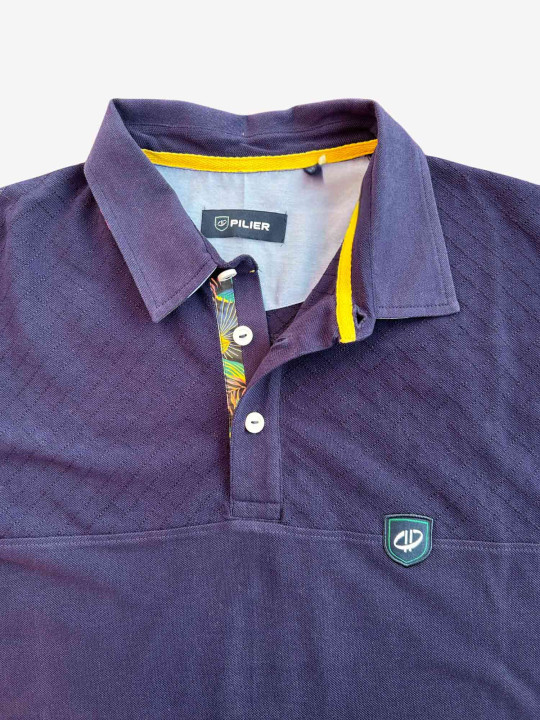 Polo grandes tailles à empiècements effet damassé et motif tropical – Bleu marine
