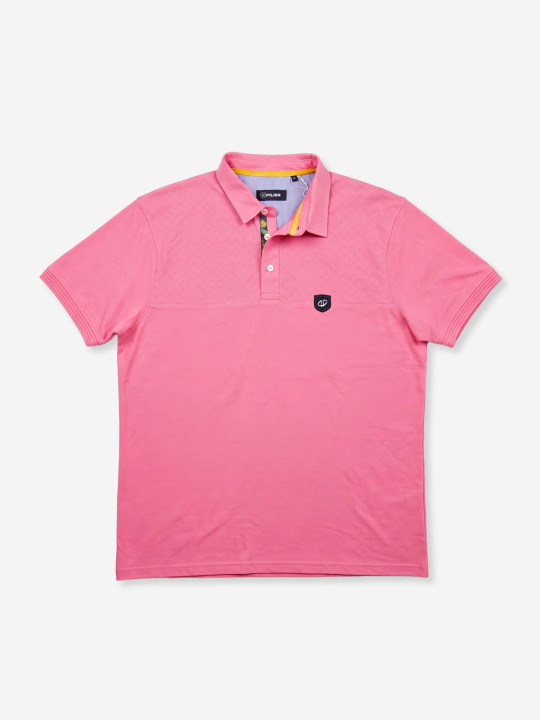 Polo grandes tailles à empiècements effet damassé et motif tropical – Rose