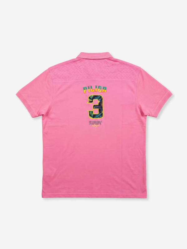 Polo grandes tailles à empiècements effet damassé et motif tropical – Rose