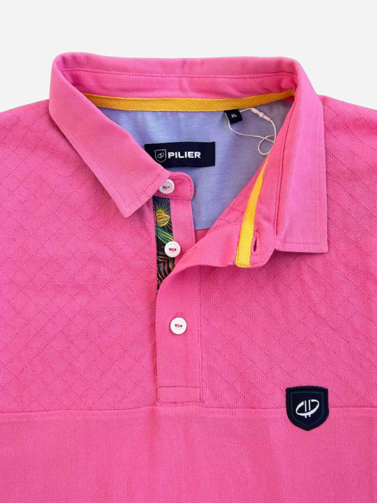 Polo grandes tailles à empiècements effet damassé et motif tropical – Rose