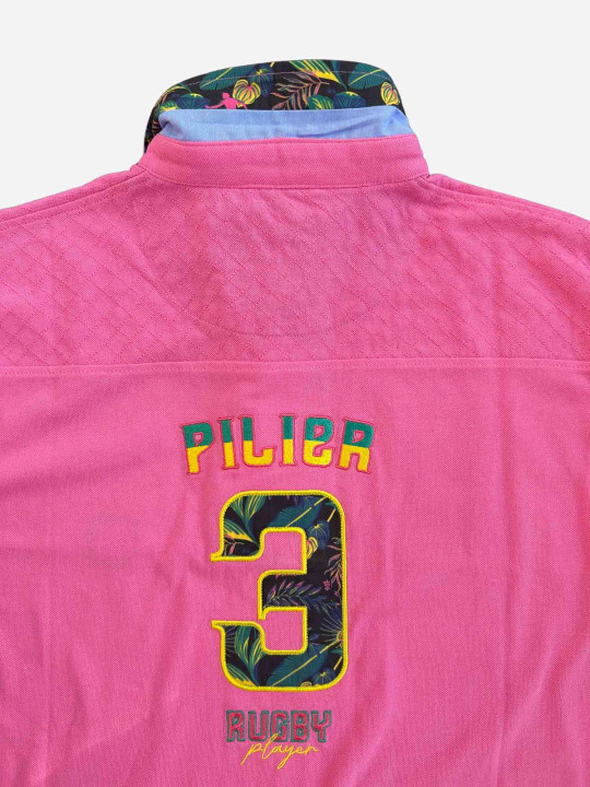 Polo grandes tailles à empiècements effet damassé et motif tropical – Rose