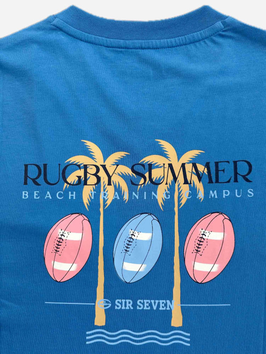 T-shirt col V « Rugby Summer » à manches courtes – Bleu azur