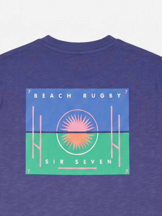 T-shirt coton imprimé poitrine et dos Beach Rugby – Bleu marine