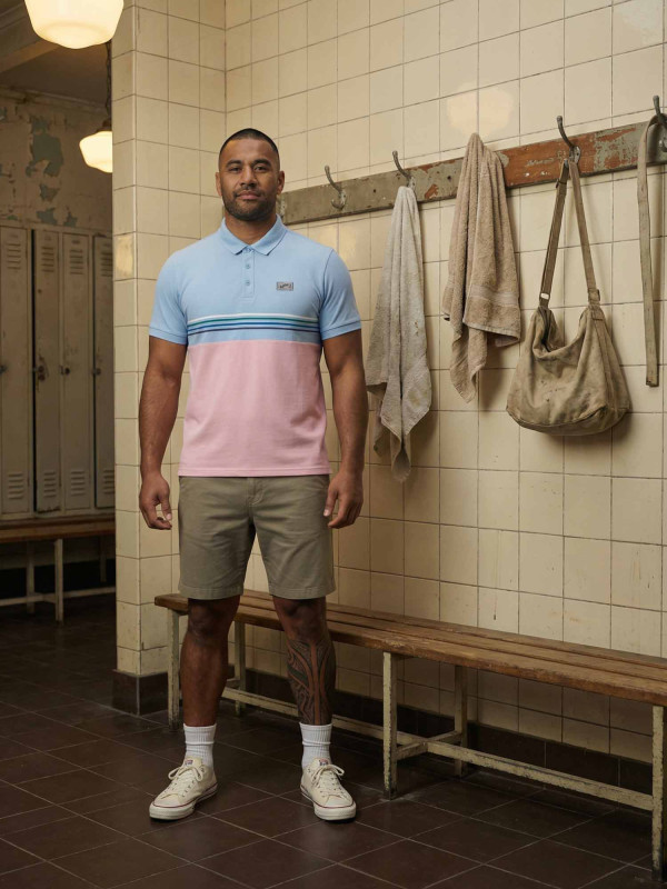 Bermuda chino en coton stretch et finitions imprimées rugby – Beige