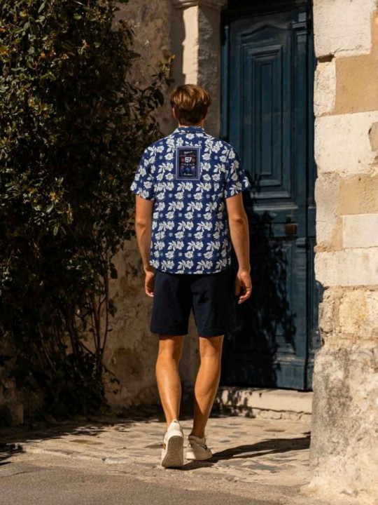 Bermuda chino en coton stretch et finitions imprimées rugby – Bleu marine