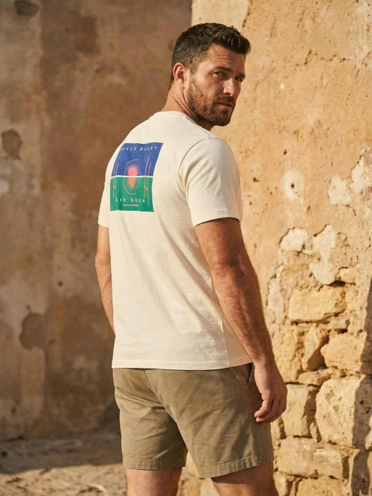 Bermuda chino en coton stretch et finitions imprimées rugby – Beige