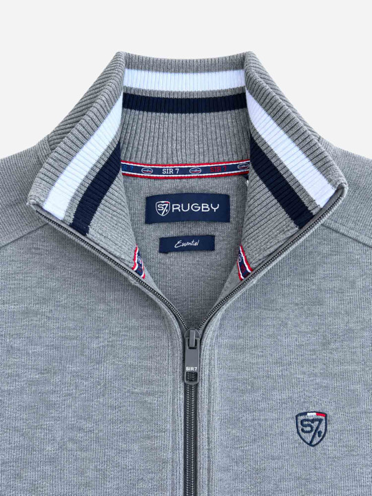 Sweat zippé en maille épaisse à col montant « 7 rugby foundamentals» - Gris chiné