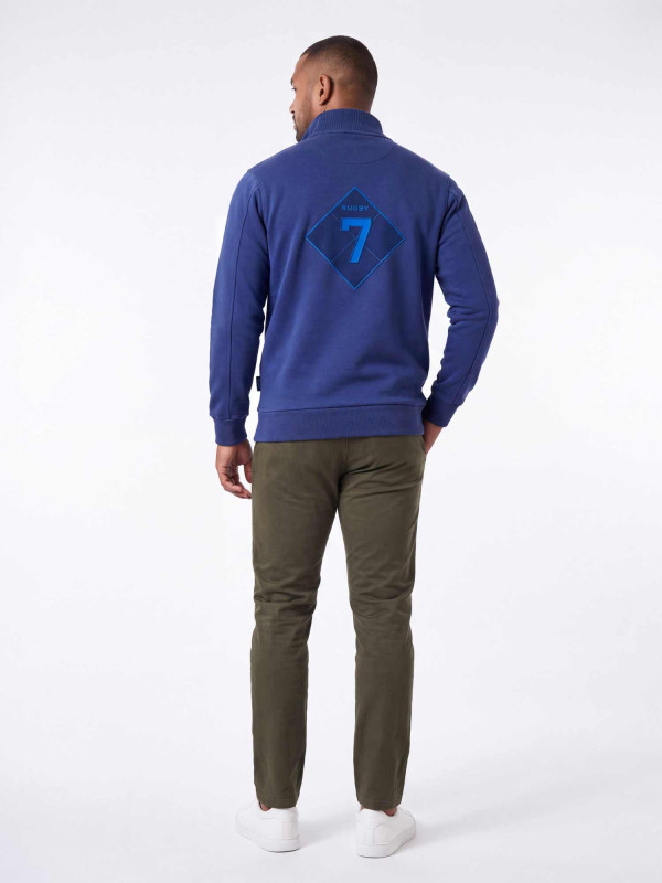 Sweat zippé en maille épaisse à col montant « 7 rugby » - bleu marine