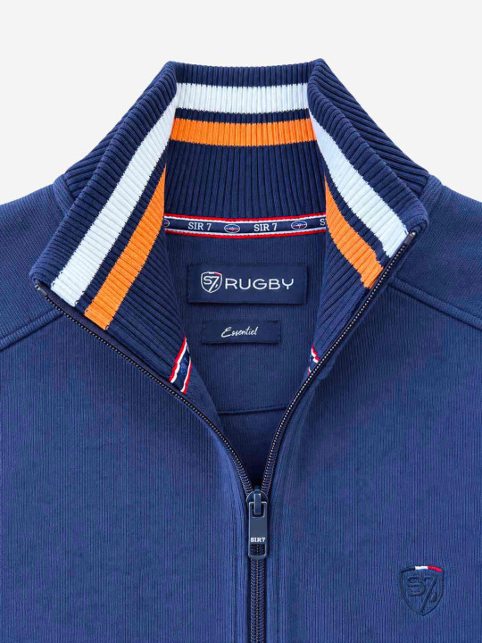 Sweat zippé en maille épaisse à col montant « 7 rugby » - bleu marine