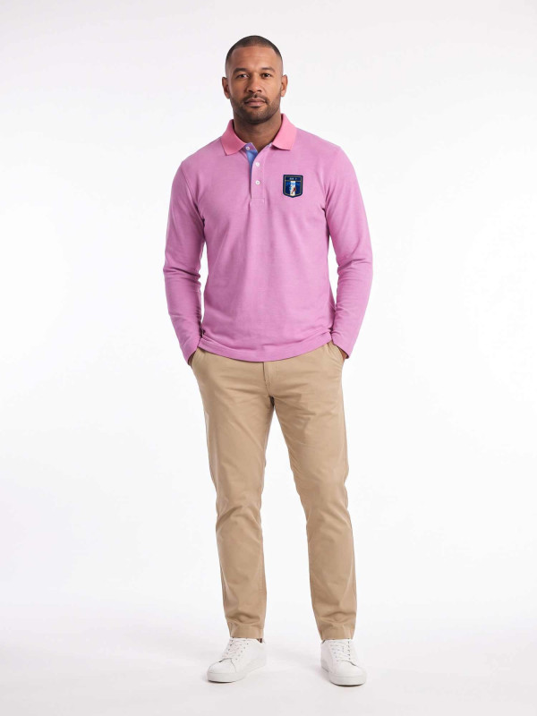 Polo brodé « Sir 7 player » manches longues en maille coton bicolore birdeye - Rose