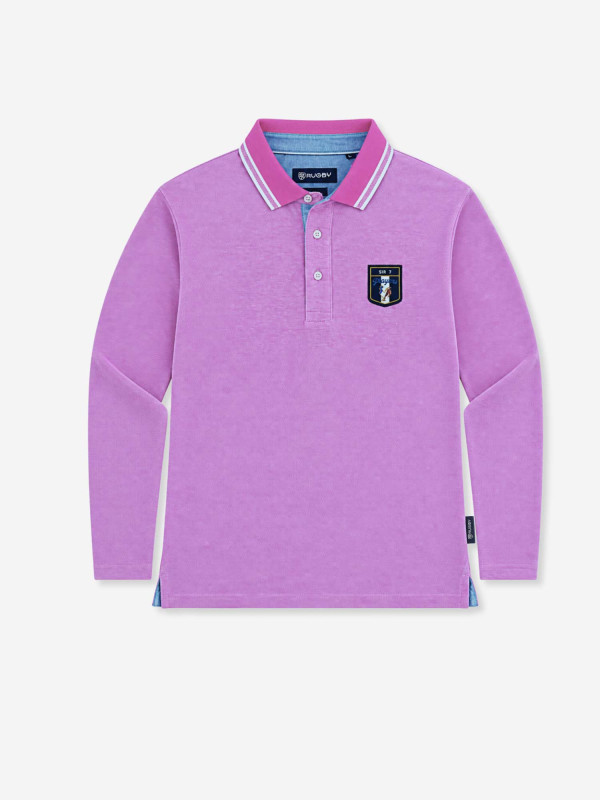 Polo brodé « Sir 7 player » manches longues en maille coton bicolore birdeye - Rose