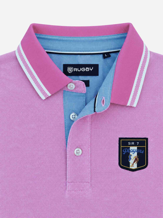 Polo brodé « Sir 7 player » manches longues en maille coton bicolore birdeye - Rose
