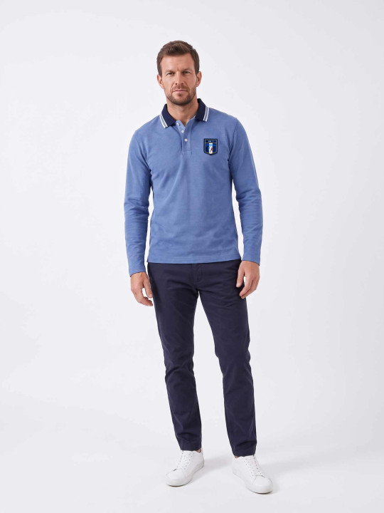 Polo brodé « Sir 7 player » manches longues en maille coton bicolore birdeye - Bleu