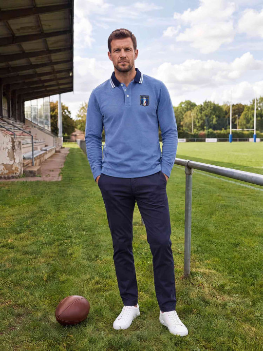 Polo brodé « Sir 7 player » manches longues en maille coton bicolore birdeye - Bleu