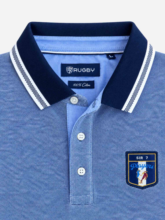 Polo brodé « Sir 7 player » manches longues en maille coton bicolore birdeye - Bleu
