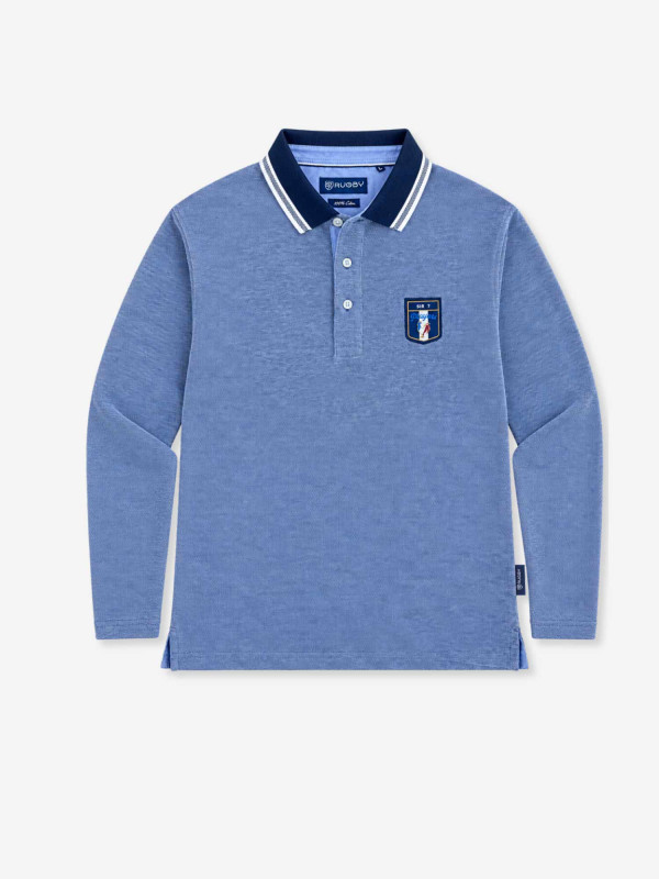 Polo brodé « Sir 7 player » manches longues en maille coton bicolore birdeye - Bleu
