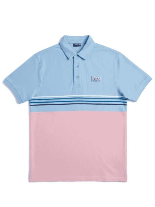 Polo rayé "color block" à manches courtes - Bleu ciel et rose