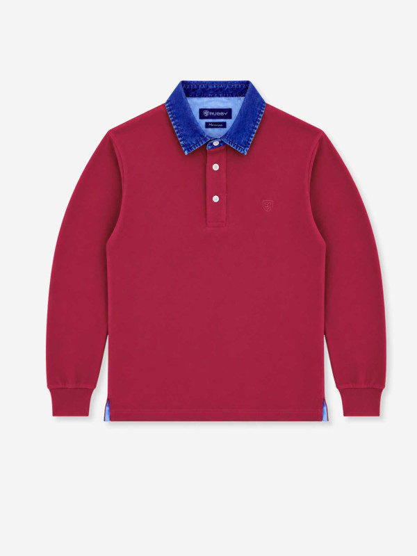 Polo à manches longues en maille piquée douce et col en chambray - Bordeaux
