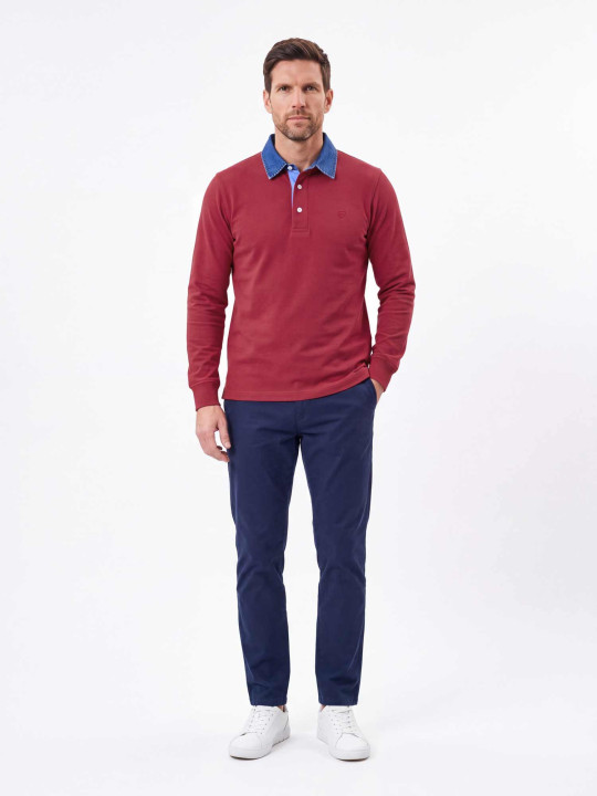 Polo à manches longues en maille piquée douce et col en chambray - Bordeaux