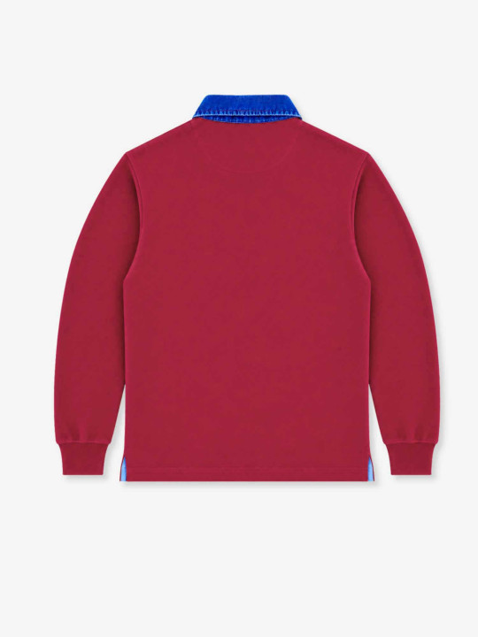 Polo à manches longues en maille piquée douce et col en chambray - Bordeaux