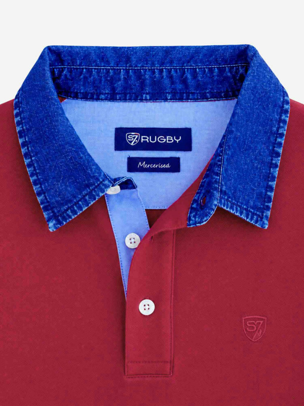 Polo à manches longues en maille piquée douce et col en chambray - Bordeaux