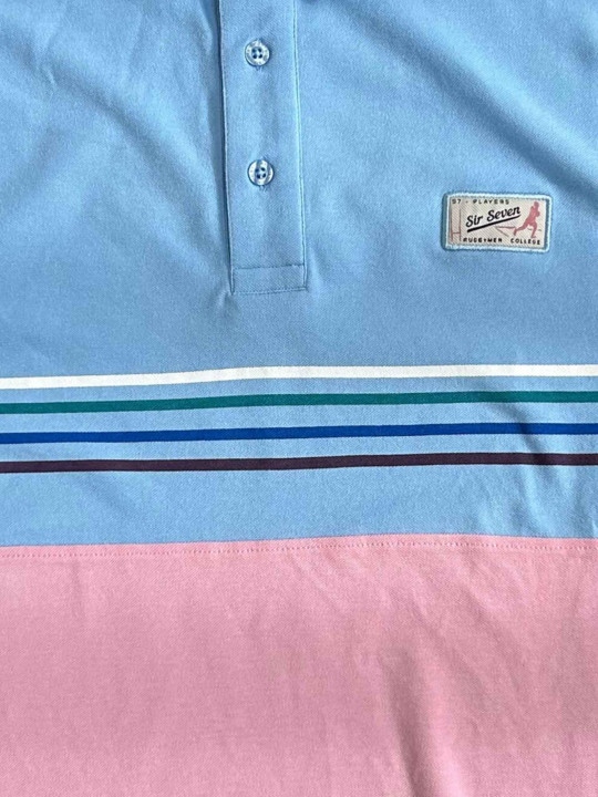 Polo rayé "color block" à manches courtes - Bleu ciel et rose