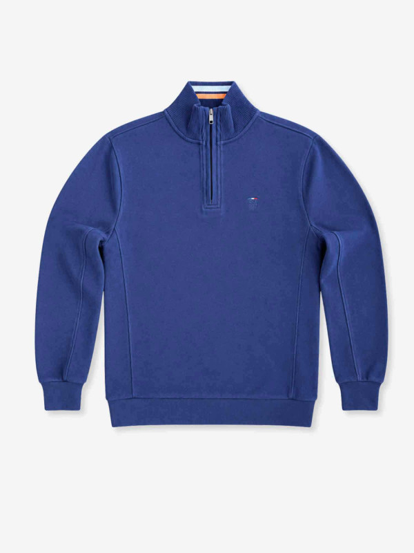 Sweat col montant zippé en maille coton effet peau de pêche - Bleu marine