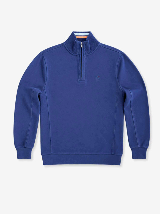 Sweat col montant zippé en maille coton effet peau de pêche - Bleu marine