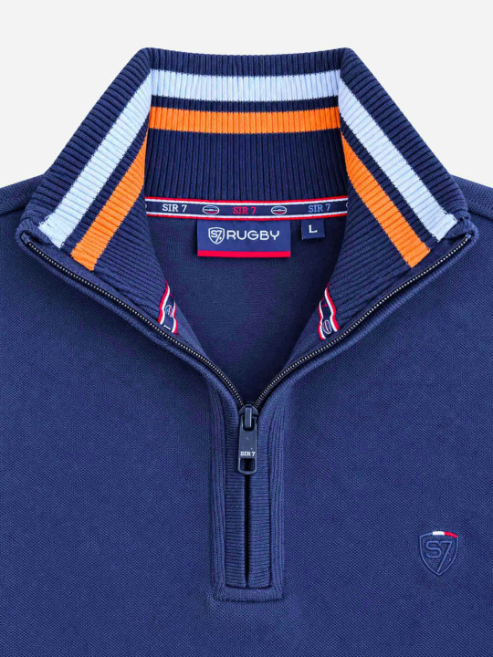 Sweat col montant zippé en maille coton effet peau de pêche - Bleu marine