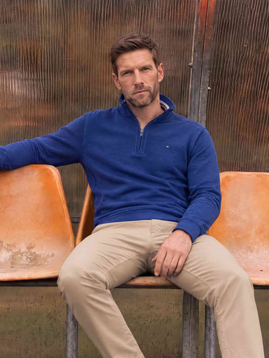 Sweat col montant zippé en maille coton effet peau de pêche - Bleu marine