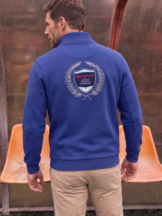 Sweat col montant zippé en maille coton effet peau de pêche - Bleu marine