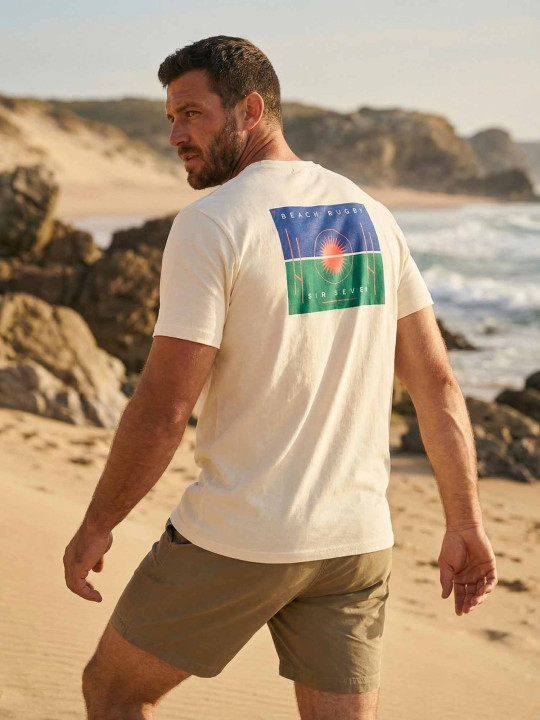 T-shirt coton imprimé poitrine et dos Beach Rugby - Écru