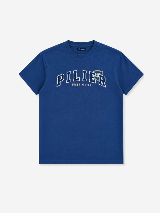 T-shirt grandes tailles brodé à manches courtes Pilier Rugby player – Bleu marine
